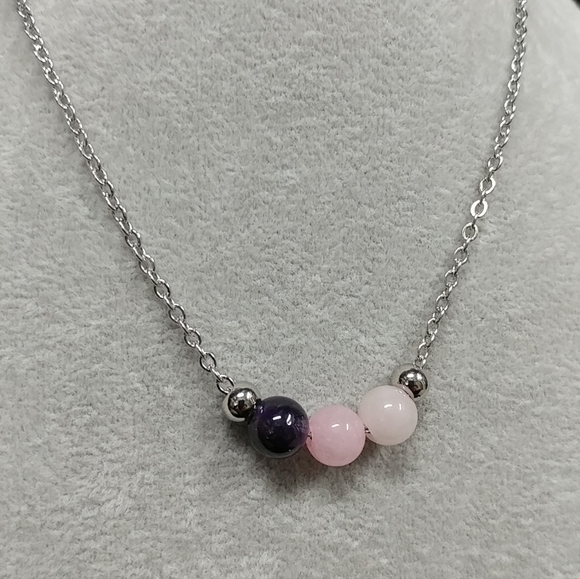 Rose Quartz Amethyst Three Bead Necklace Natural Gemstone Crystal StainlessSteel - Picture 6 of 14